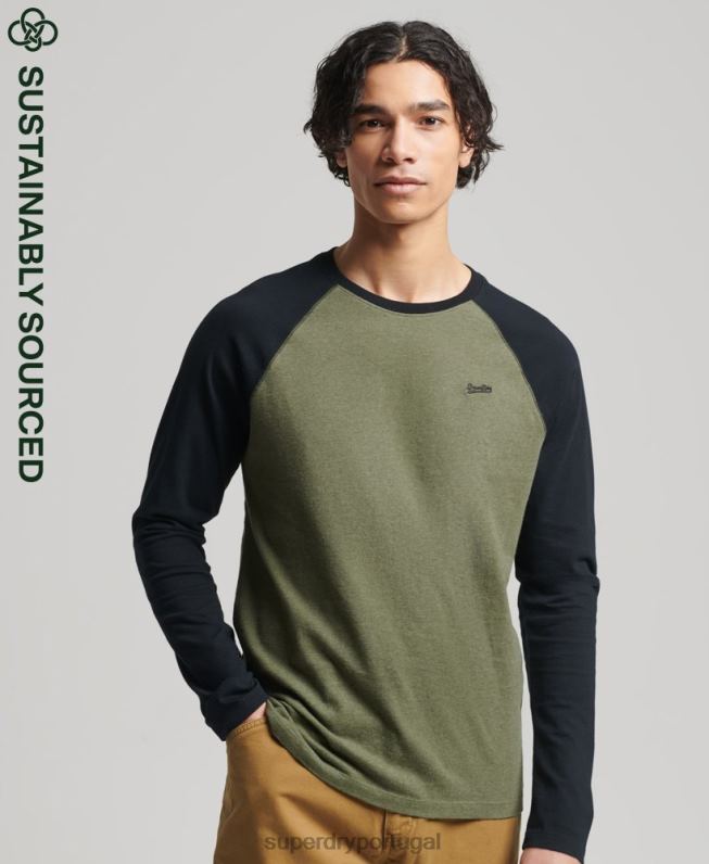 top de beisebol de manga comprida essencial de algodão orgânico homens verde roupas Superdry 2208H1557