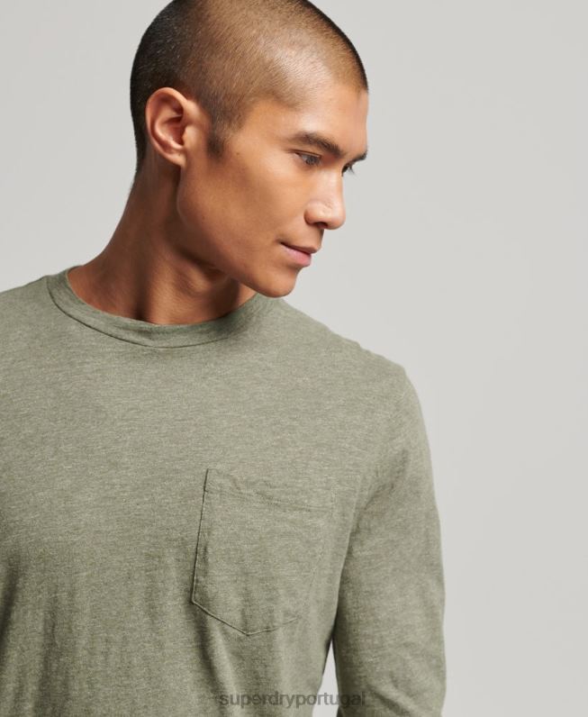 top de jérsei de manga comprida homens caqui roupas Superdry 2208H1541