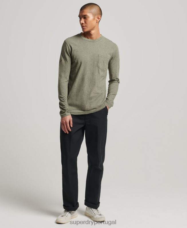top de jérsei de manga comprida homens caqui roupas Superdry 2208H1541