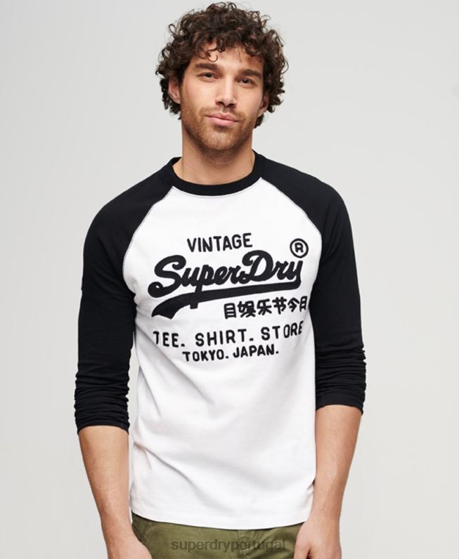 top de manga longa raglã com logo vintage store homens branco roupas Superdry 2208H42