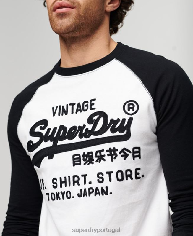 top de manga longa raglã com logo vintage store homens branco roupas Superdry 2208H42