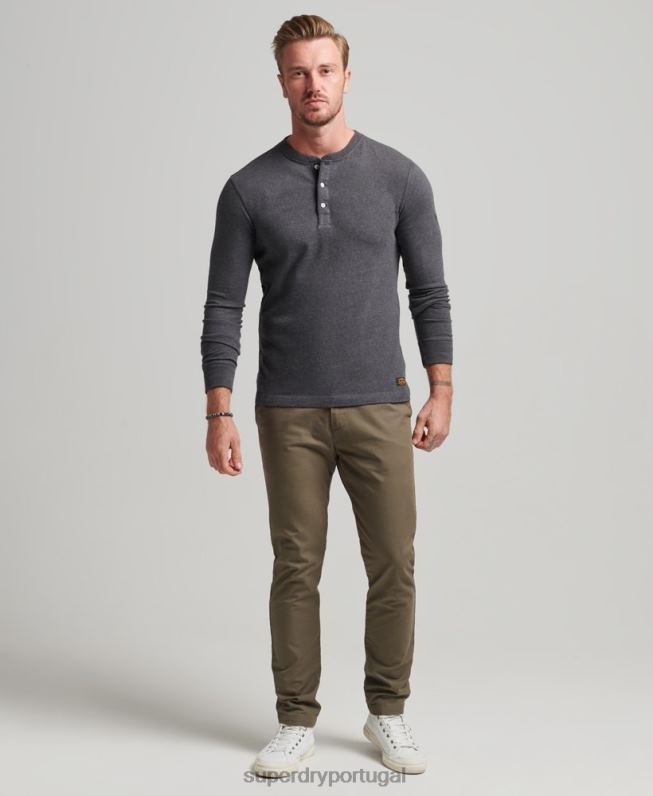 top henley de manga longa de algodão orgânico homens cinza escuro roupas Superdry 2208H6376
