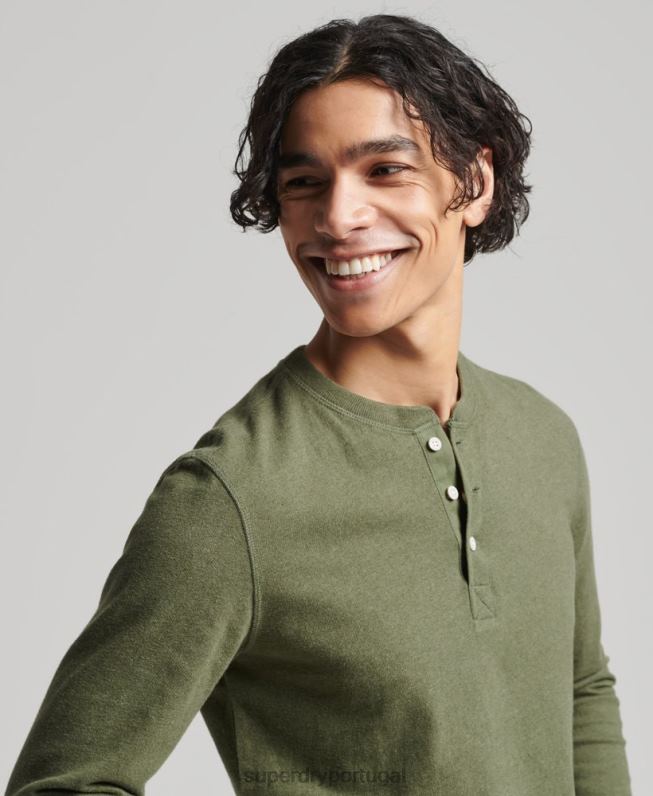 top henley de manga longa de algodão orgânico homens verde roupas Superdry 2208H6428
