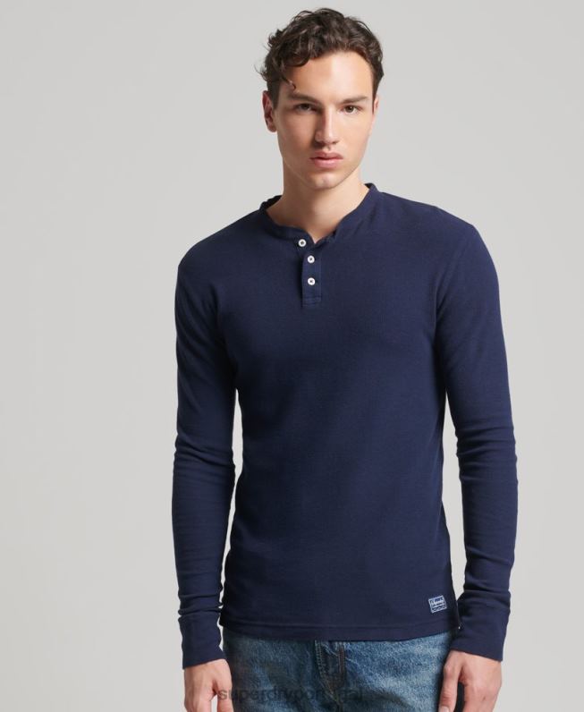 top henley waffle manga longa de algodão orgânico homens marinha roupas Superdry 2208H1465