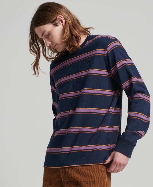 top listrado vintage texturizado de algodão orgânico homens marinha roupas Superdry 2208H1471