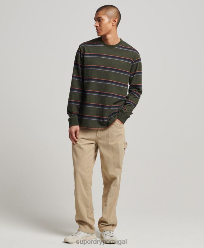 top listrado vintage texturizado de algodão orgânico homens verde roupas Superdry 2208H1480