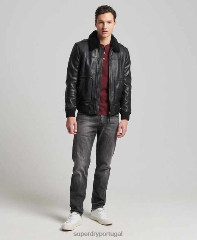 jaqueta bomber de couro aviador homens preto roupas Superdry 2208H4782