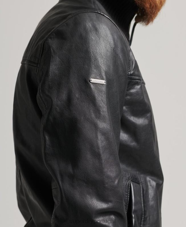 jaqueta bomber de couro gola tricotada homens preto roupas Superdry 2208H1108