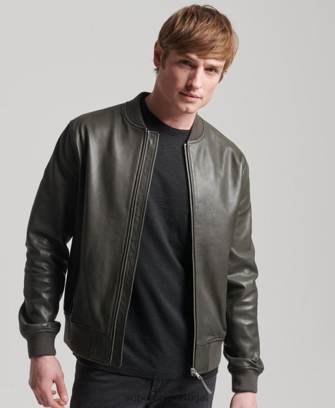 jaqueta bomber de couro studios homens cinza escuro roupas Superdry 2208H6455