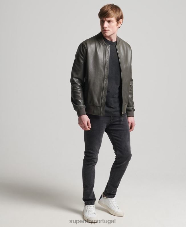 jaqueta bomber de couro studios homens cinza escuro roupas Superdry 2208H6455