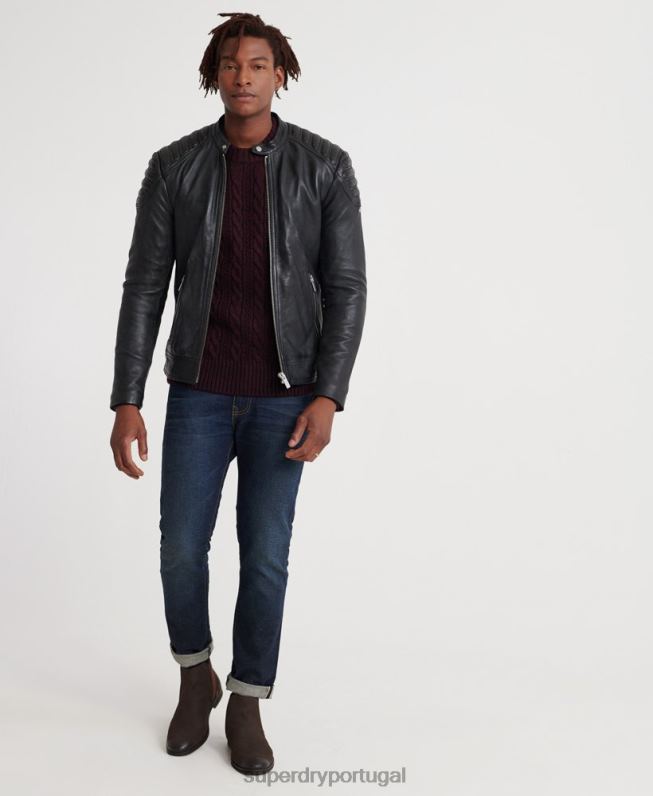 jaqueta de corrida de couro herói da cidade homens preto roupas Superdry 2208H4758