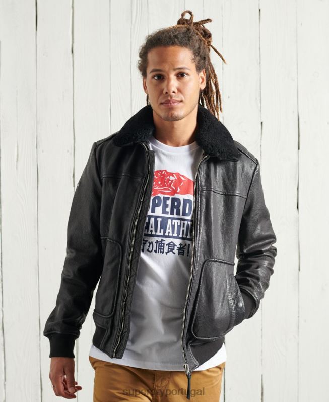 jaqueta de couro aviador homens preto roupas Superdry 2208H4488