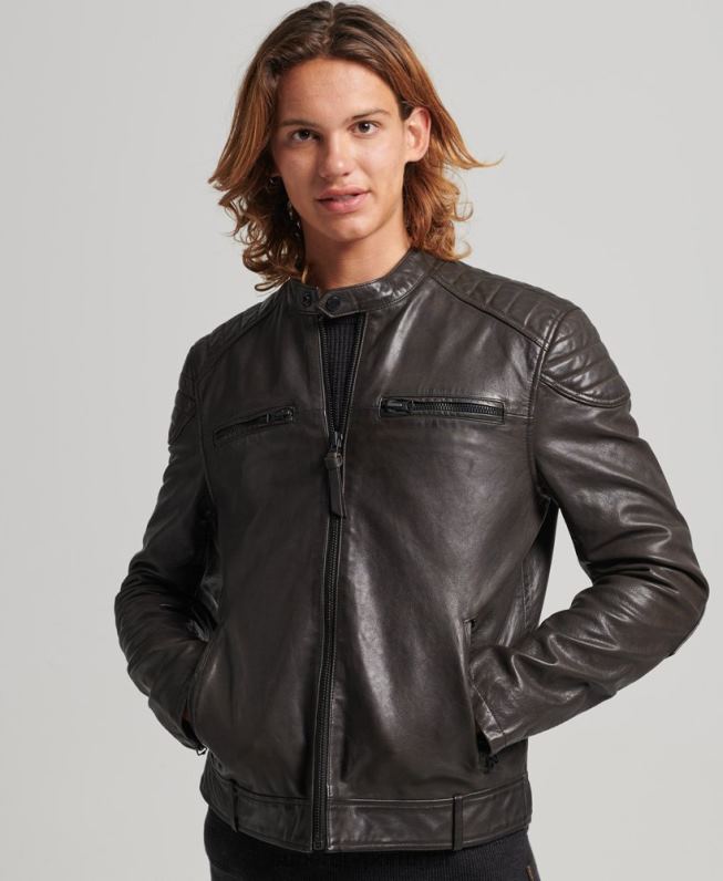 jaqueta de moto piloto de couro homens cinza escuro roupas Superdry 2208H1088