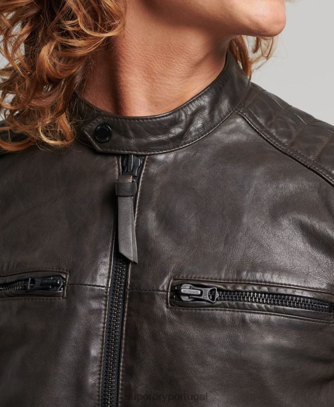 jaqueta de moto piloto de couro homens cinza escuro roupas Superdry 2208H1088