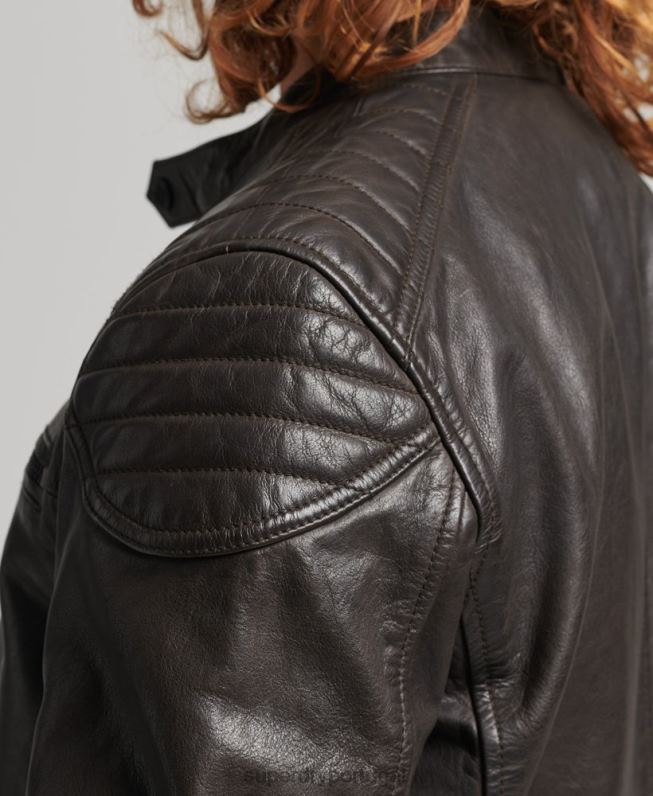 jaqueta de moto piloto de couro homens cinza escuro roupas Superdry 2208H1088