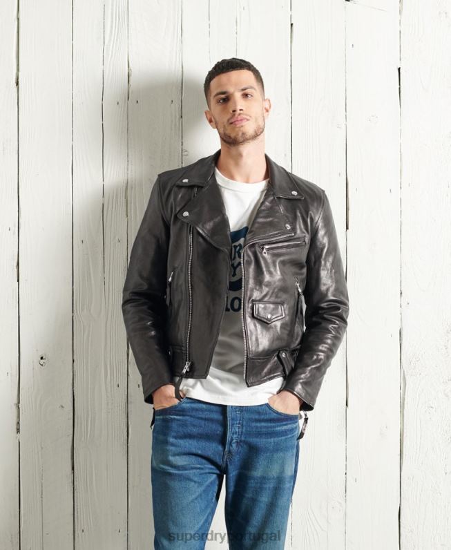 jaqueta de motociclista de couro seco edição limitada homens preto roupas Superdry 2208H4756