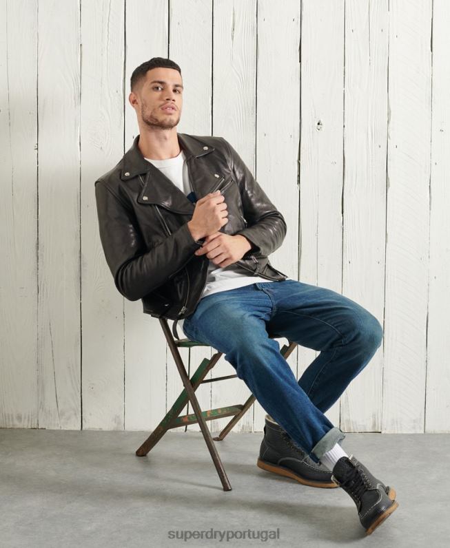 jaqueta de motociclista de couro seco edição limitada homens preto roupas Superdry 2208H4756
