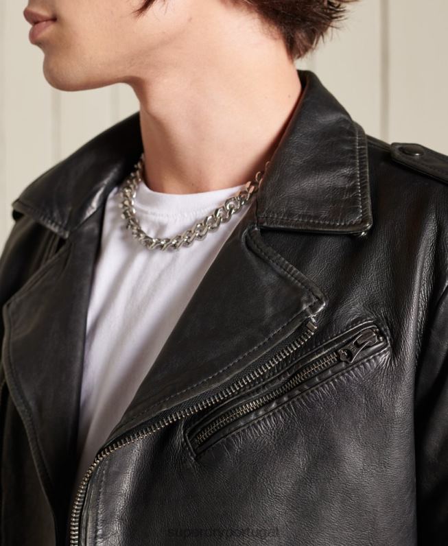 jaqueta de motociclista de couro vintage homens preto roupas Superdry 2208H4784