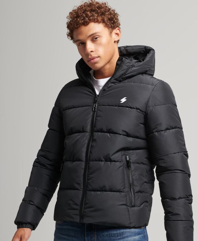 jaqueta esportiva puffer com capuz homens preto roupas Superdry 2208H1051