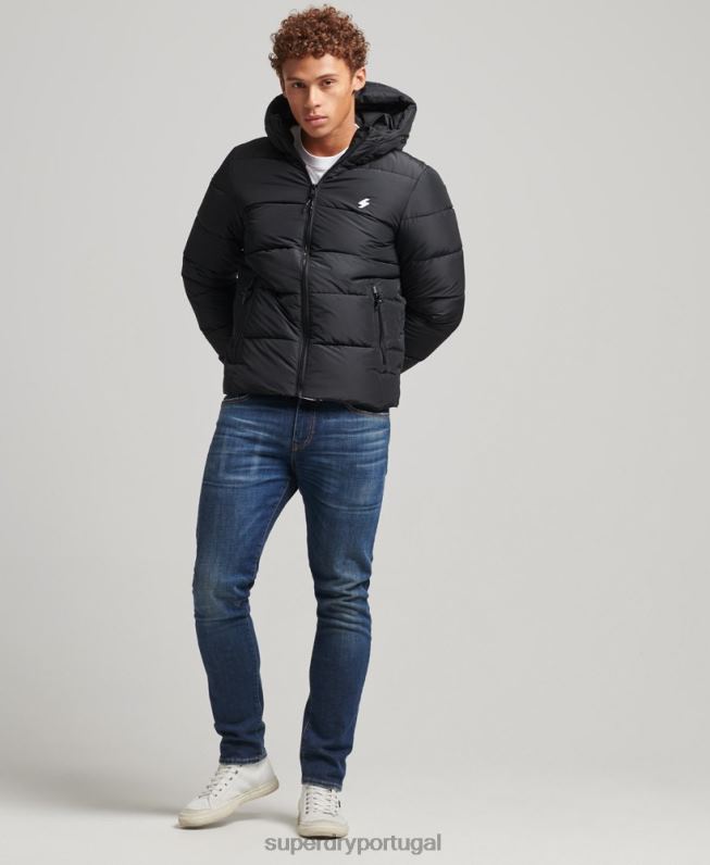 jaqueta esportiva puffer com capuz homens preto roupas Superdry 2208H1051
