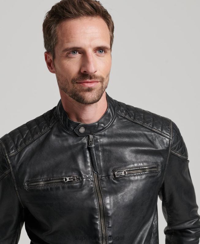 jaqueta moto racer de couro tradicional homens preto roupas Superdry 2208H906