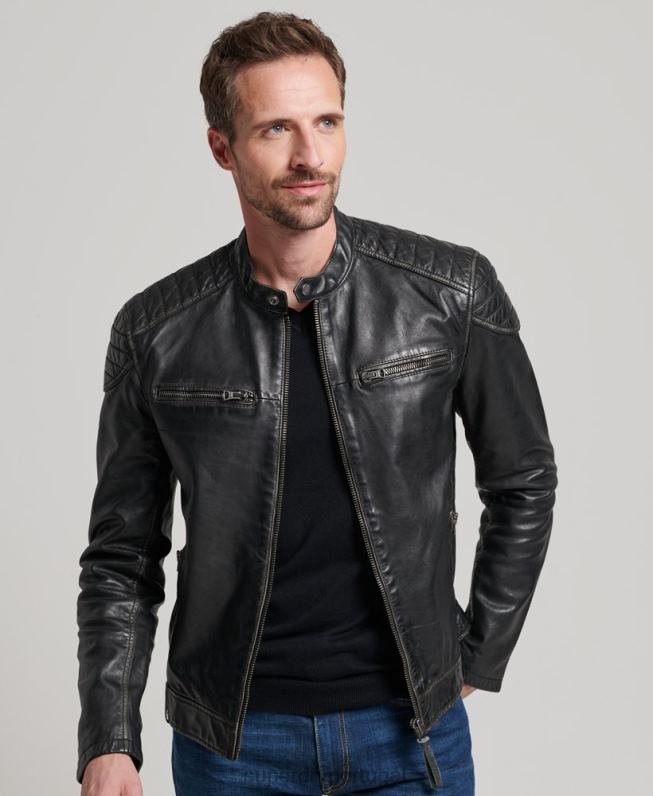 jaqueta moto racer de couro tradicional homens preto roupas Superdry 2208H906