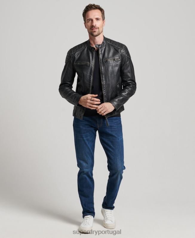 jaqueta moto racer de couro tradicional homens preto roupas Superdry 2208H906