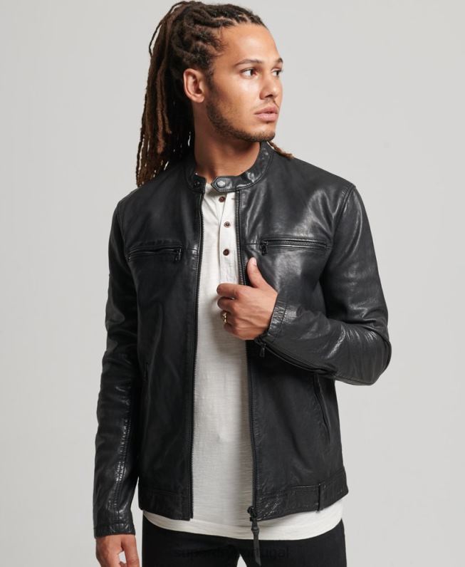 jaqueta piloto de couro studios homens preto roupas Superdry 2208H967