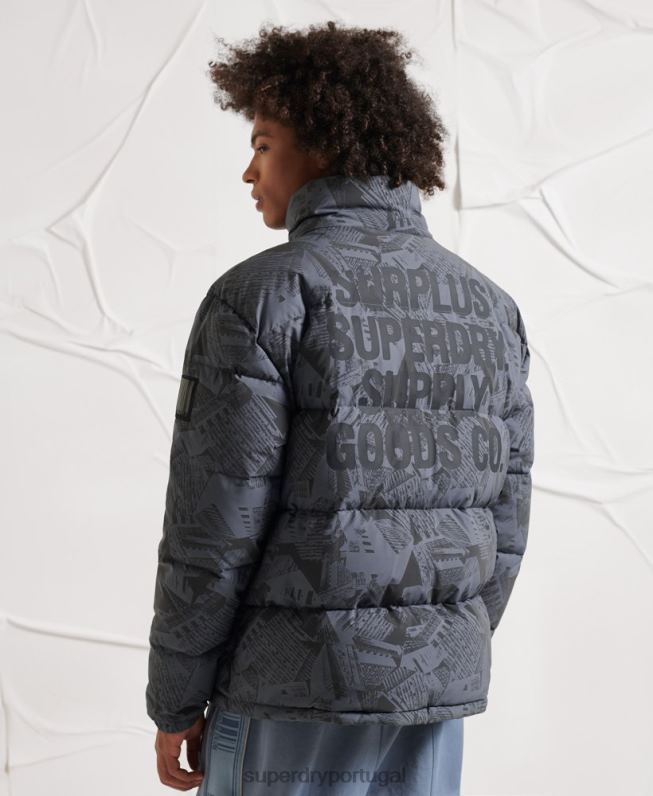 jaqueta puffer reflexiva excedente homens cinza escuro roupas Superdry 2208H4780