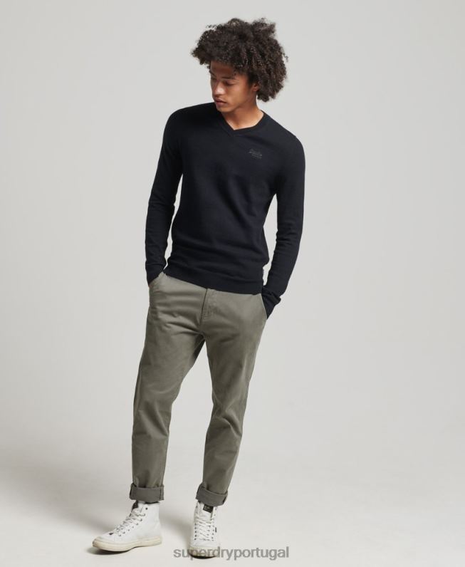 suéter decote em V com etiqueta laranja homens preto roupas Superdry 2208H1353