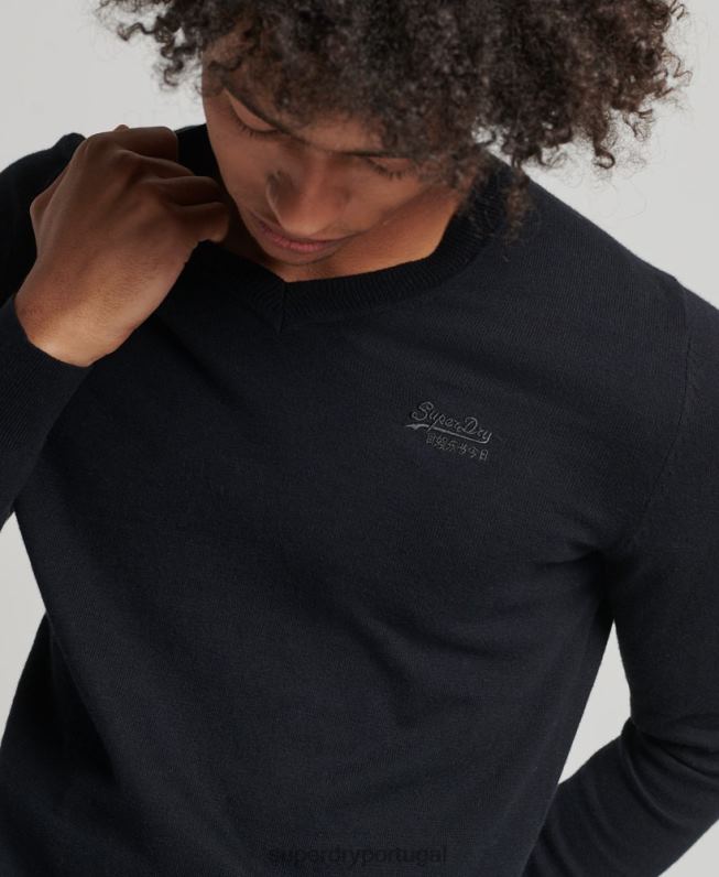 suéter decote em V com etiqueta laranja homens preto roupas Superdry 2208H1353