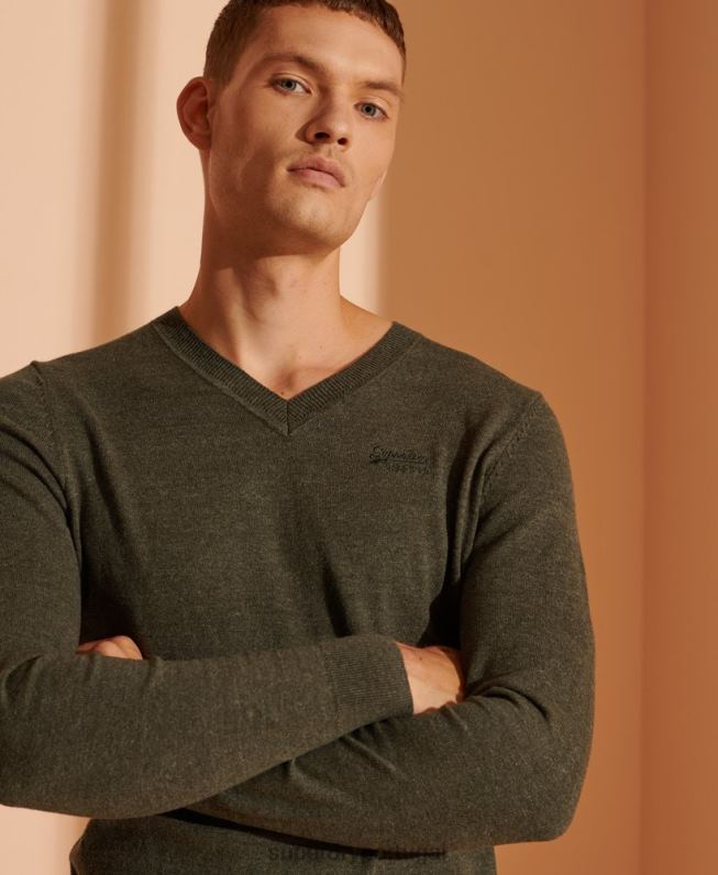 suéter decote em V com etiqueta laranja homens verde roupas Superdry 2208H1352