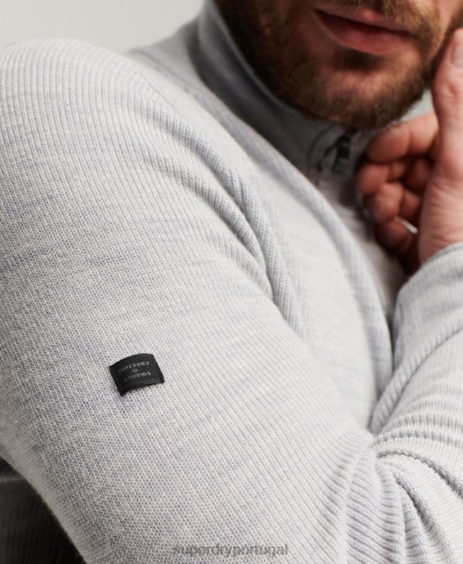 suéter merino meio zíper homens cinza claro roupas Superdry 2208H1252