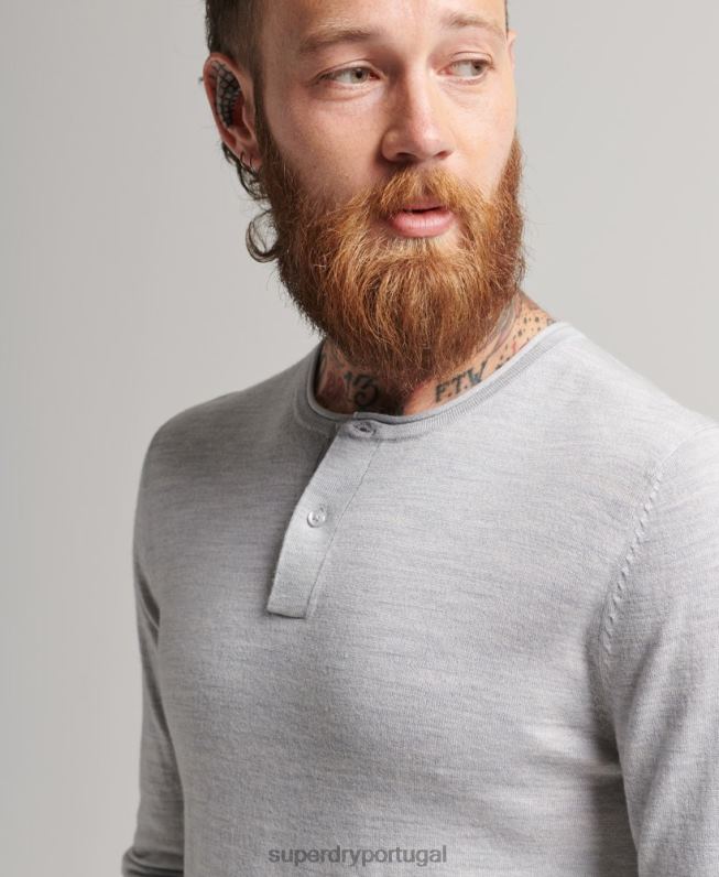 top merino de tricô gola redonda henley homens cinza claro roupas Superdry 2208H1521