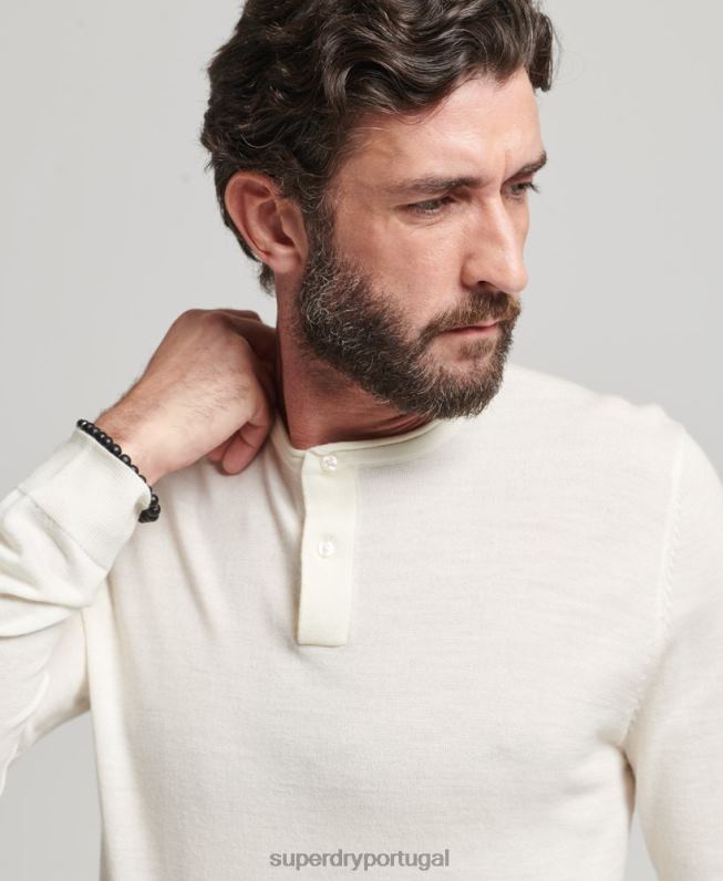 top merino de tricô gola redonda henley homens creme roupas Superdry 2208H1520