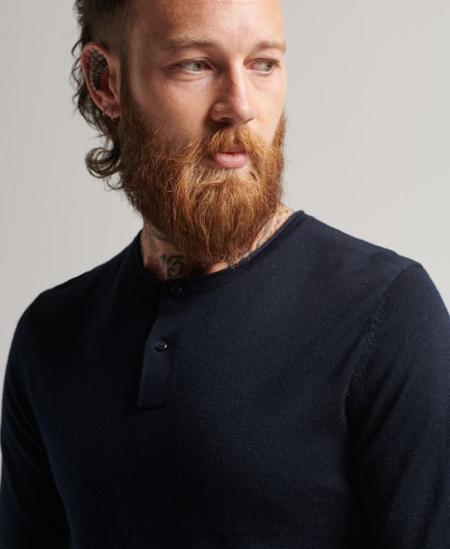 top merino de tricô gola redonda henley homens marinha roupas Superdry 2208H1522