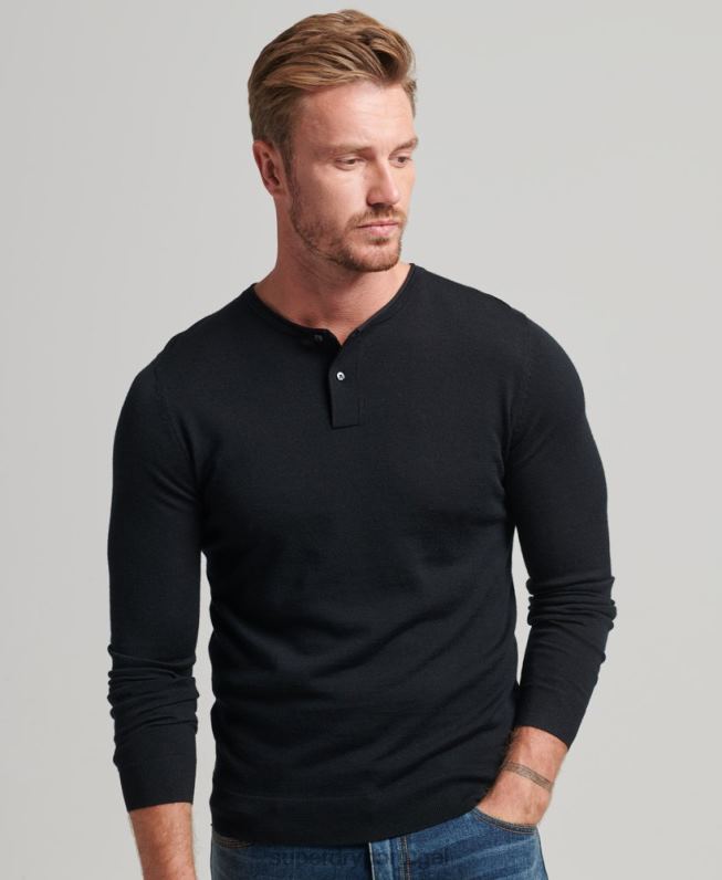 top merino de tricô gola redonda henley homens preto roupas Superdry 2208H1534