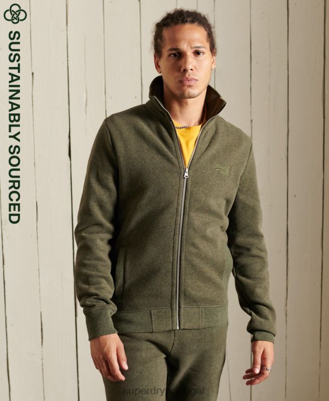 blusa de zíper com logo vintage de algodão orgânico homens caqui roupas Superdry 2208H5173