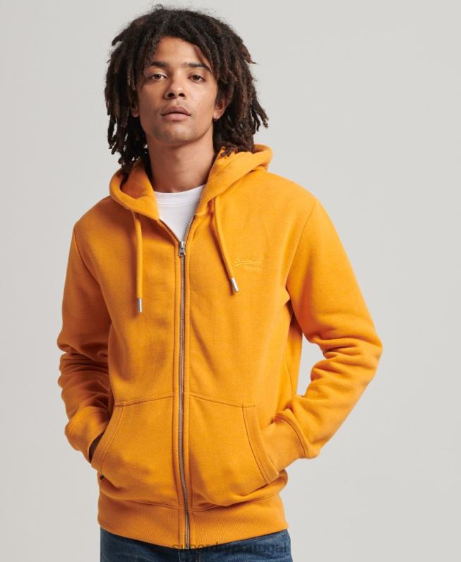 moletom com capuz e zíper bordado vintage de algodão orgânico homens amarelo roupas Superdry 2208H580