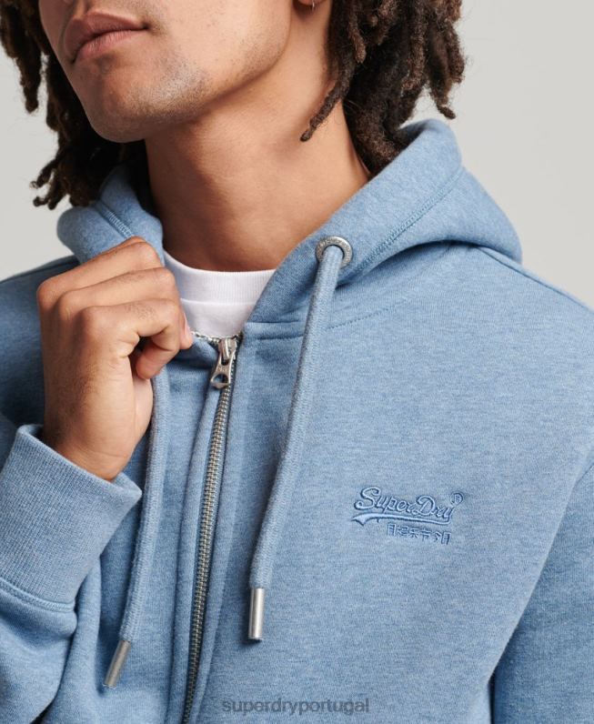 moletom com capuz e zíper bordado vintage de algodão orgânico homens azul claro roupas Superdry 2208H704