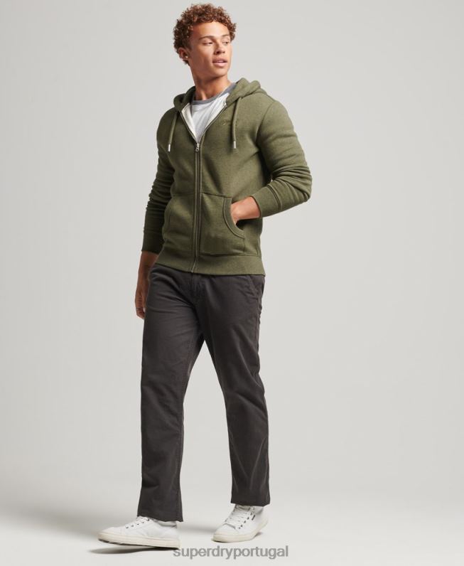 moletom com capuz e zíper bordado vintage de algodão orgânico homens caqui roupas Superdry 2208H559