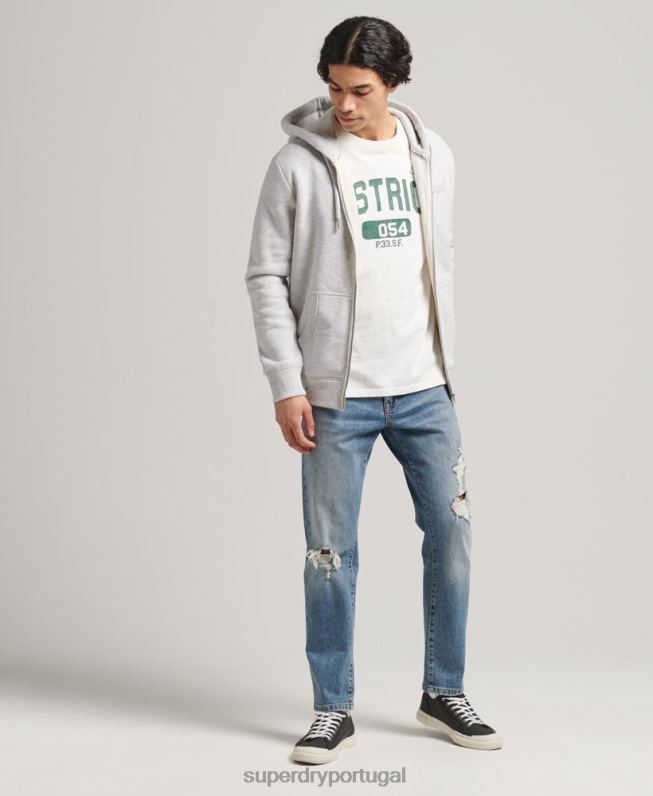 moletom com capuz e zíper bordado vintage de algodão orgânico homens cinza claro roupas Superdry 2208H641