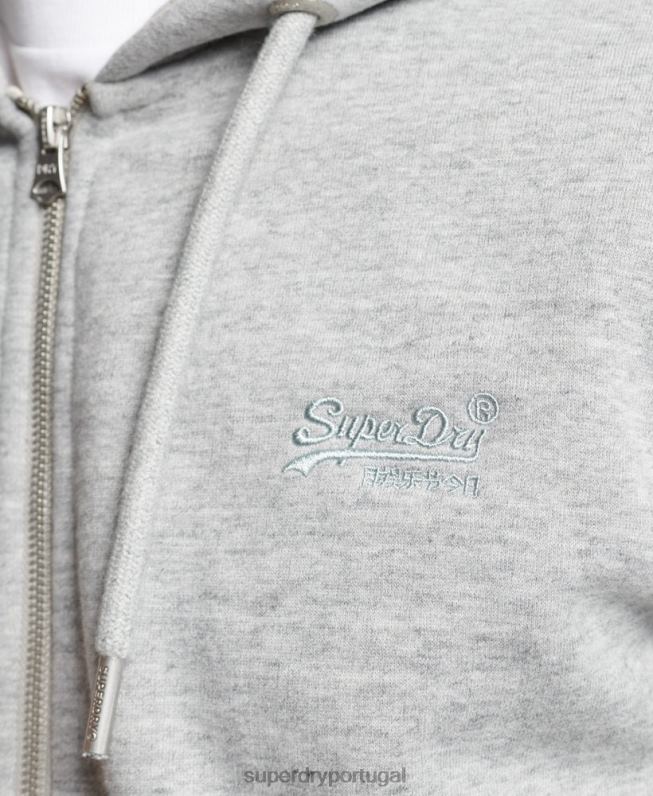 moletom com capuz e zíper bordado vintage de algodão orgânico homens cinza roupas Superdry 2208H640