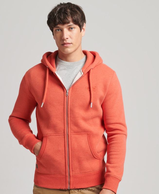 moletom com capuz e zíper bordado vintage de algodão orgânico homens laranja roupas Superdry 2208H512