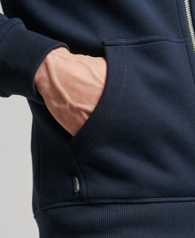 moletom com capuz e zíper bordado vintage de algodão orgânico homens marinha roupas Superdry 2208H626