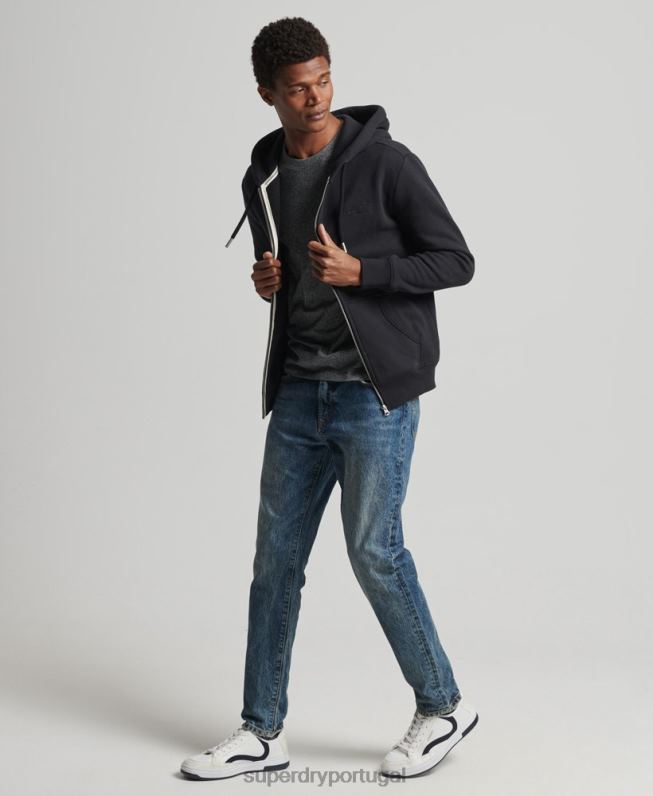 moletom com capuz e zíper bordado vintage de algodão orgânico homens preto roupas Superdry 2208H516