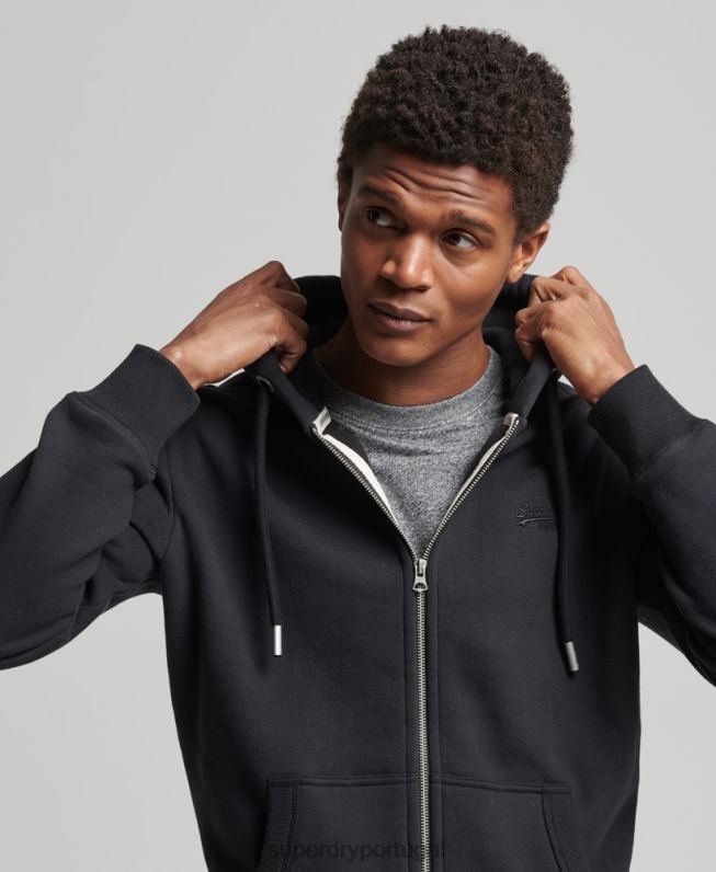 moletom com capuz e zíper bordado vintage de algodão orgânico homens preto roupas Superdry 2208H516