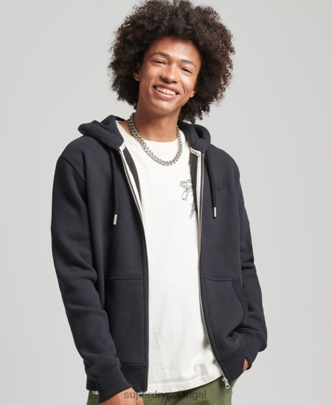 moletom com capuz e zíper bordado vintage de algodão orgânico homens preto roupas Superdry 2208H612