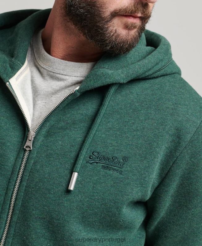 moletom com capuz e zíper bordado vintage de algodão orgânico homens verde roupas Superdry 2208H710