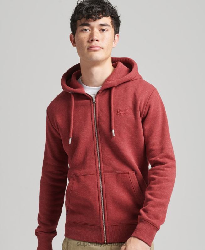 moletom com capuz e zíper bordado vintage de algodão orgânico homens vermelho roupas Superdry 2208H596